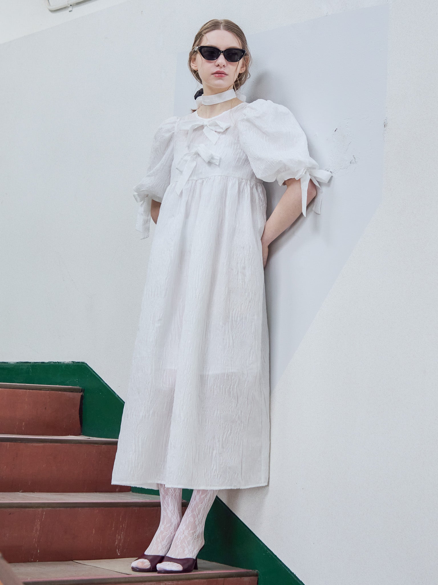 Ribbon jaquard volume dress ホワイト size:M model:171cm ANIUTA