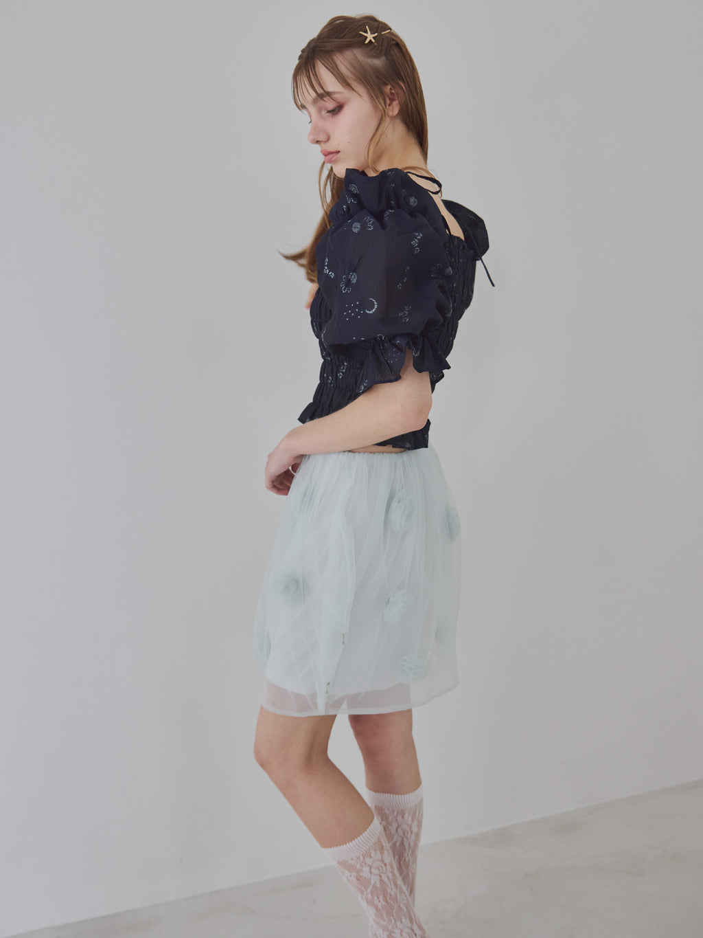 Sheer jacquard off shoulder blouse ネイビー size:M model:175cm MARTA