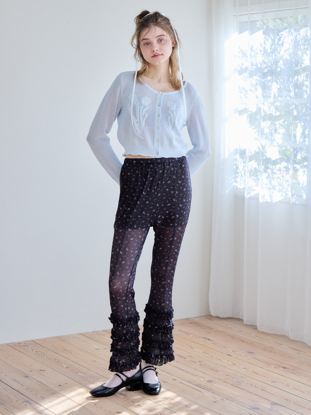 Frill tulle print pants ブラック size:M model:174cm KATERYNA