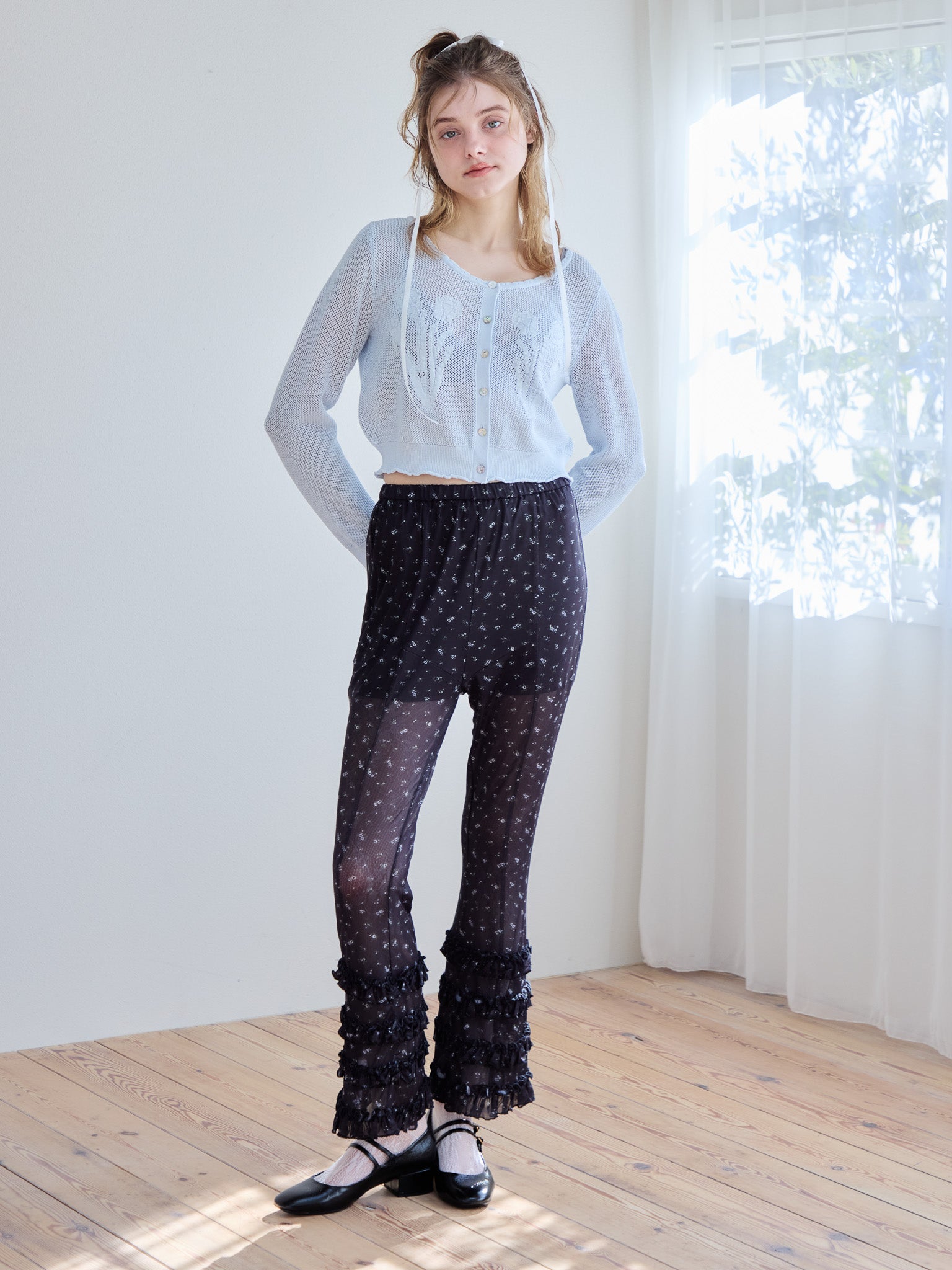 Frill tulle print pants ブラック size:M model:174cm KATERYNA