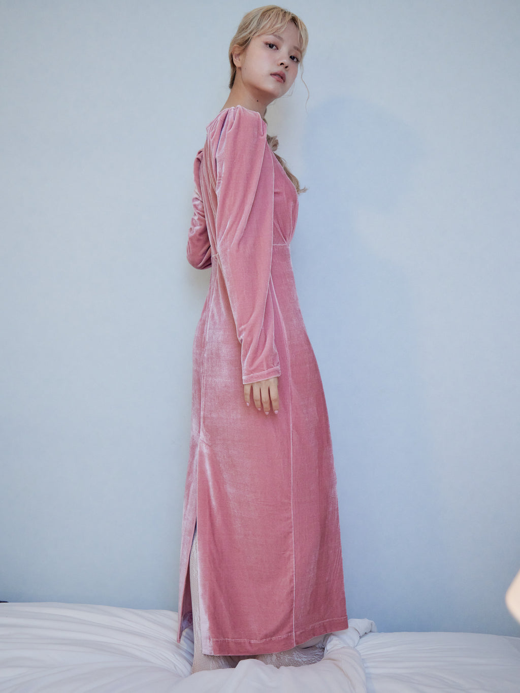 Ribbon embroidered velour dress & tippet ピンク size:M model:163cm MINAMI