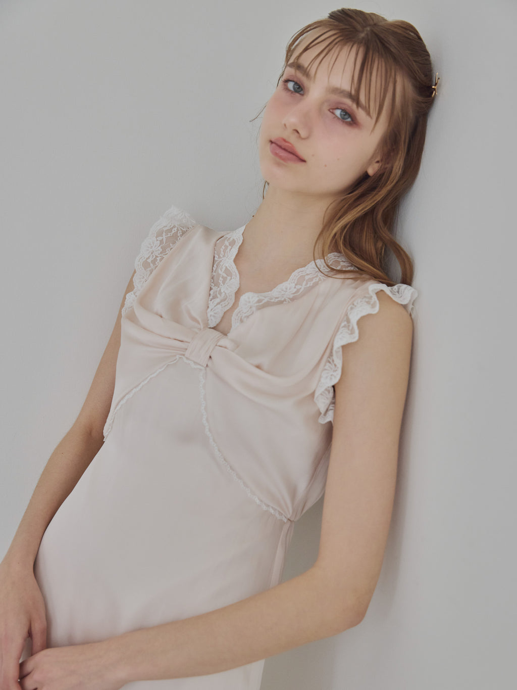 Lace trim satin ribbon dress ピンクベージュ size:M model:175cm MARTA
