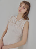 Lace trim satin ribbon dress ピンクベージュ size:M model:175cm MARTA