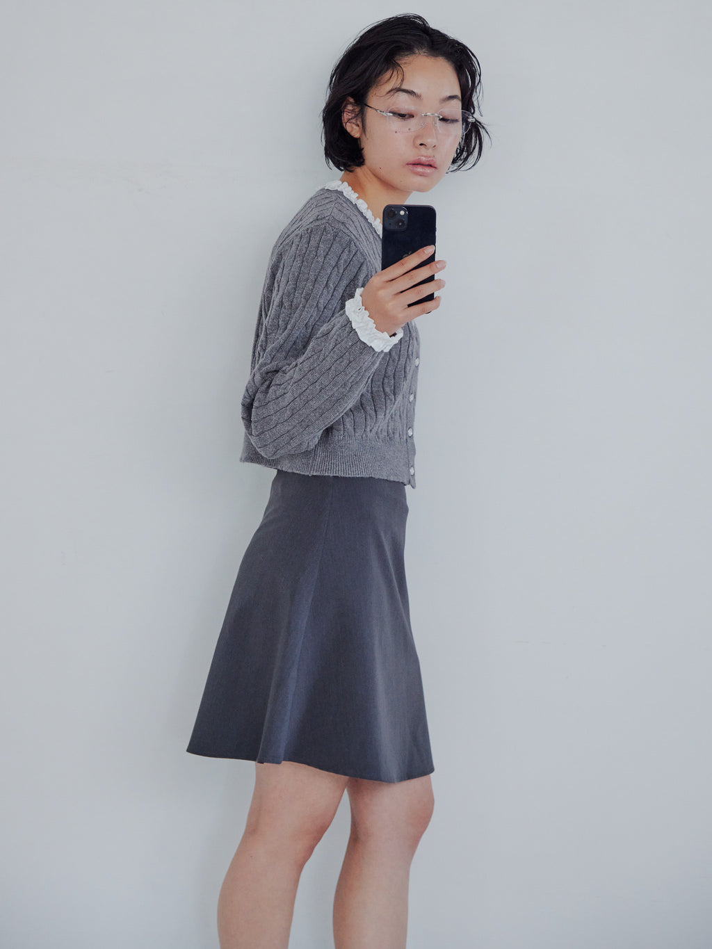 Frilly cable knit cardigan グレー size:M model:161cm 富樫かなえ