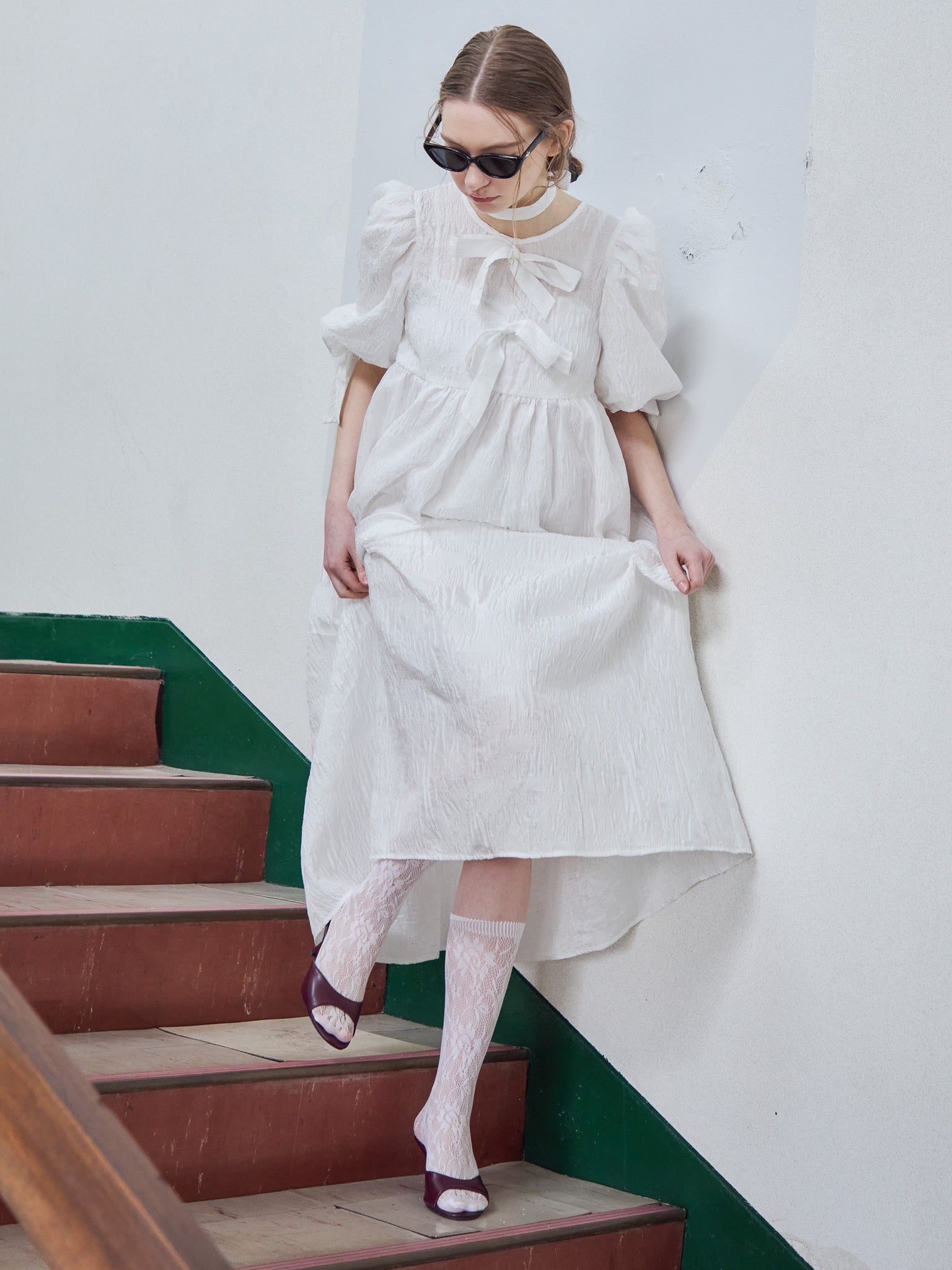 Ribbon jaquard volume dress ホワイト size:M model:171cm ANIUTA