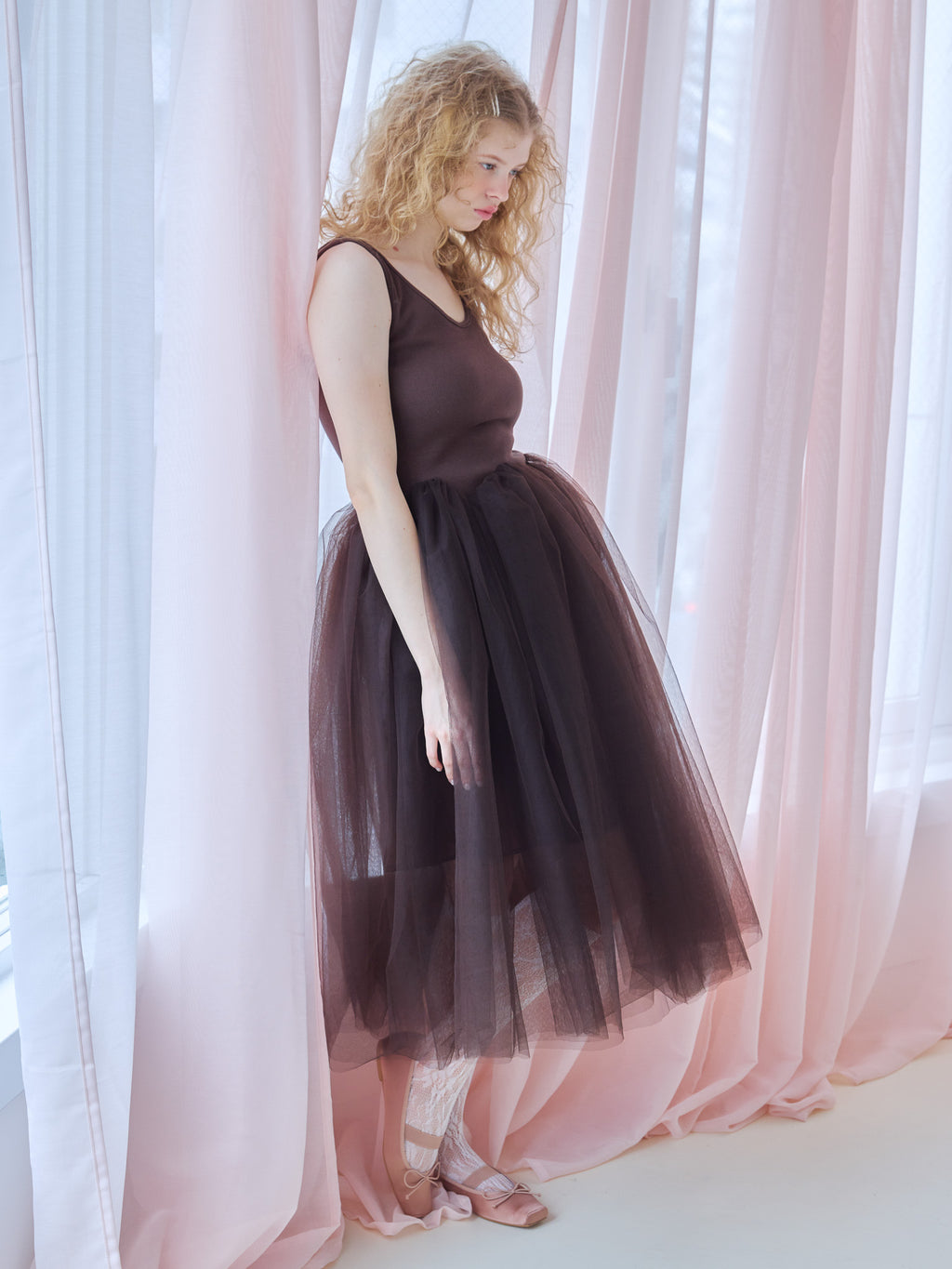 Volume tulle skirt tank dress ブラウン size:M model:173cm Olesia