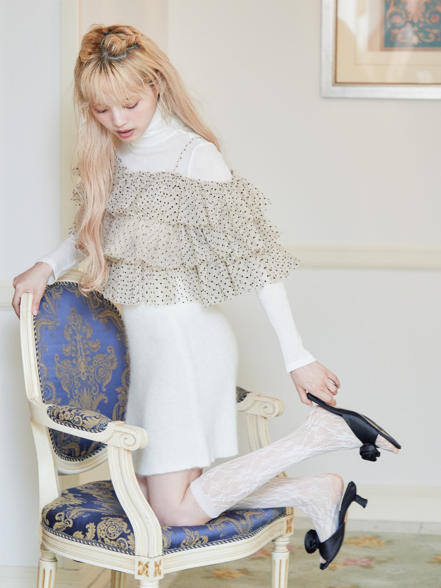 Dot tulle ruffle & knit top set ベージュ size:M model:163cm MINAMI