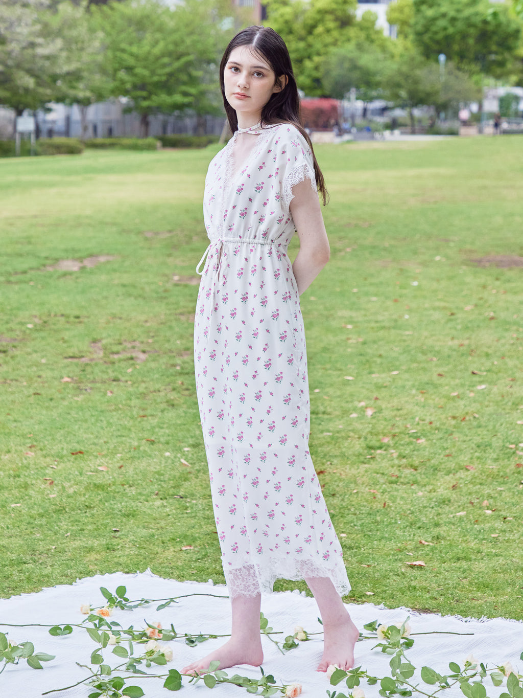 Lace trimming flower dress ピンク size:M model:170cm ALICE