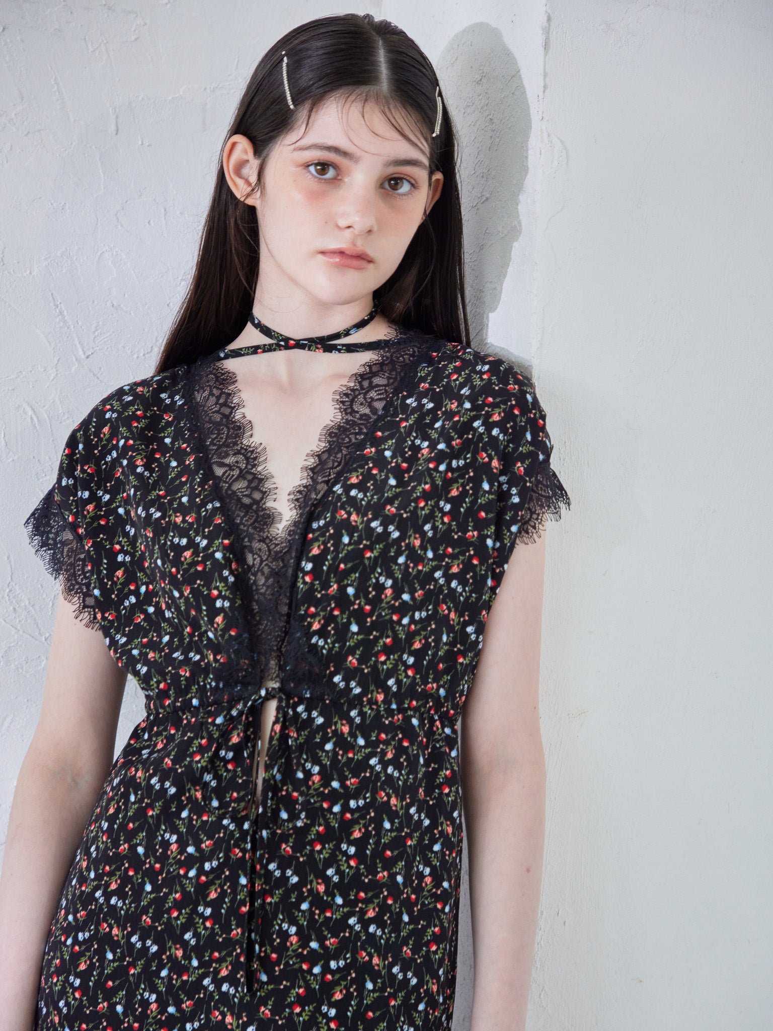 Lace trimming flower dress ブラック size:M model:170cm ALICE