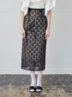 Ribbon embroidered lace tight skirt ブラック