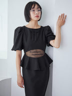 Sheer embroidered puff sleeve dress ブラック size:M model:161cm 富樫かなえ