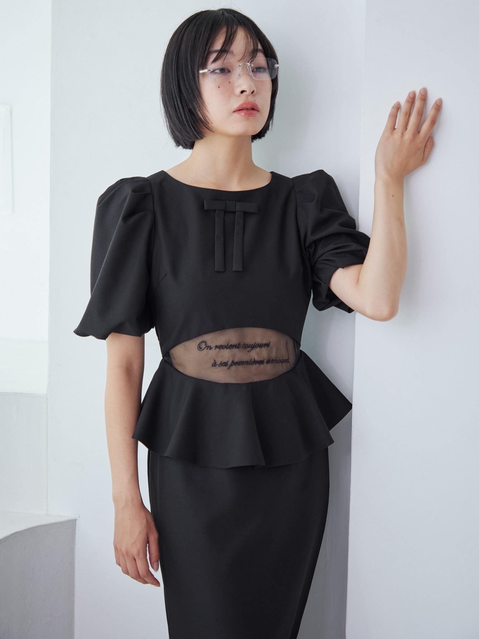 Sheer embroidered puff sleeve dress ブラック size:M model:161cm 富樫かなえ