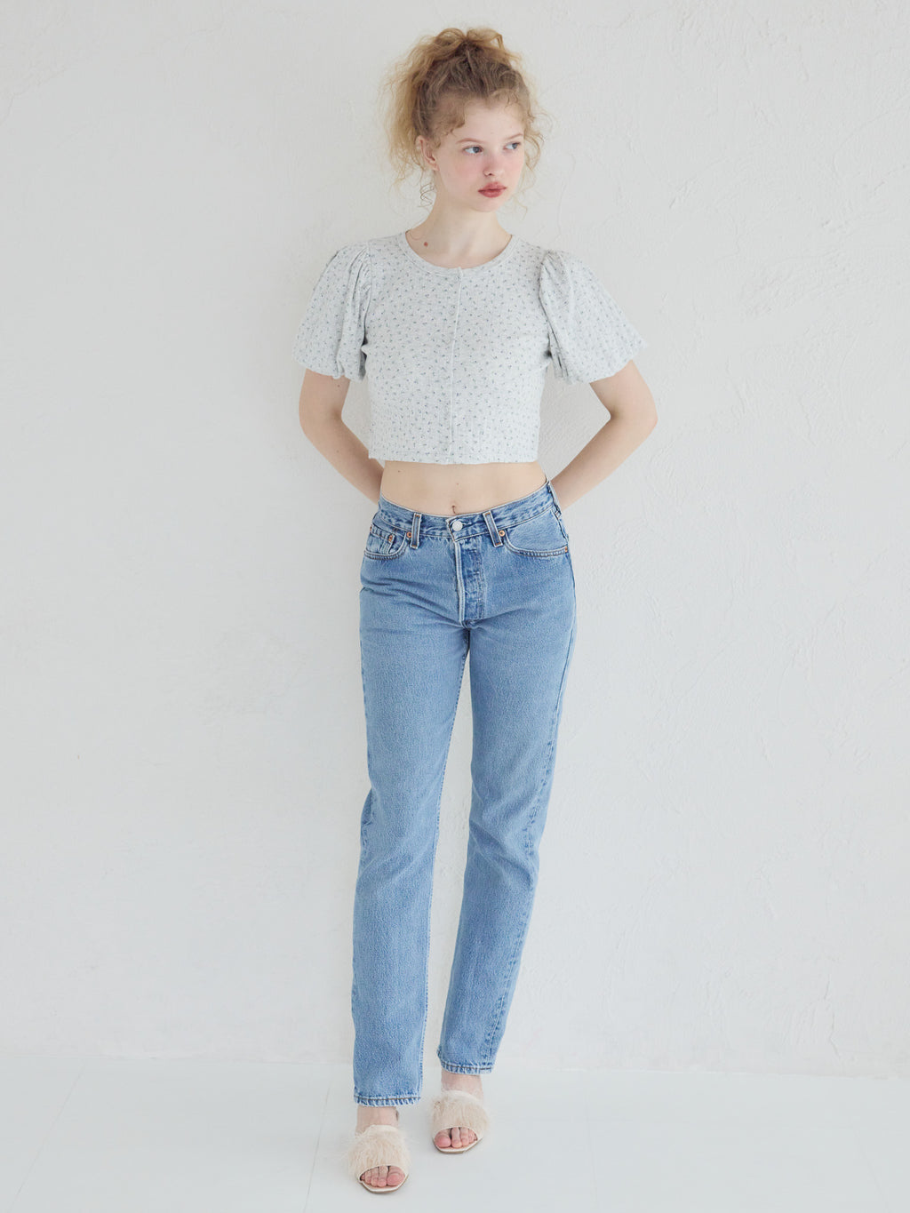 Tulle hem small floral print cardigan グレー size:M model:173cm Olesia