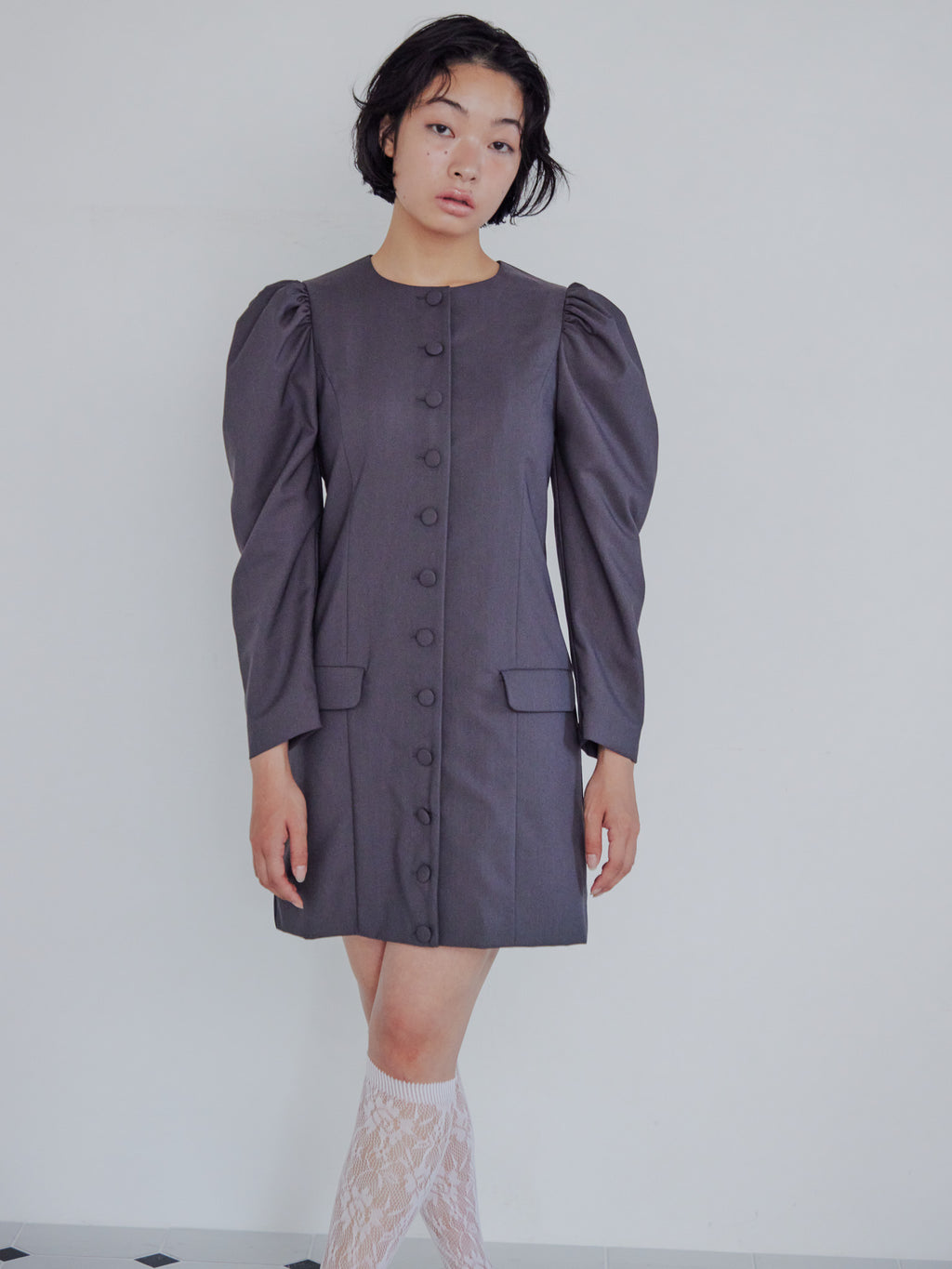 Volume sleeve mini dress グレー size:M model:161cm 富樫かなえ
