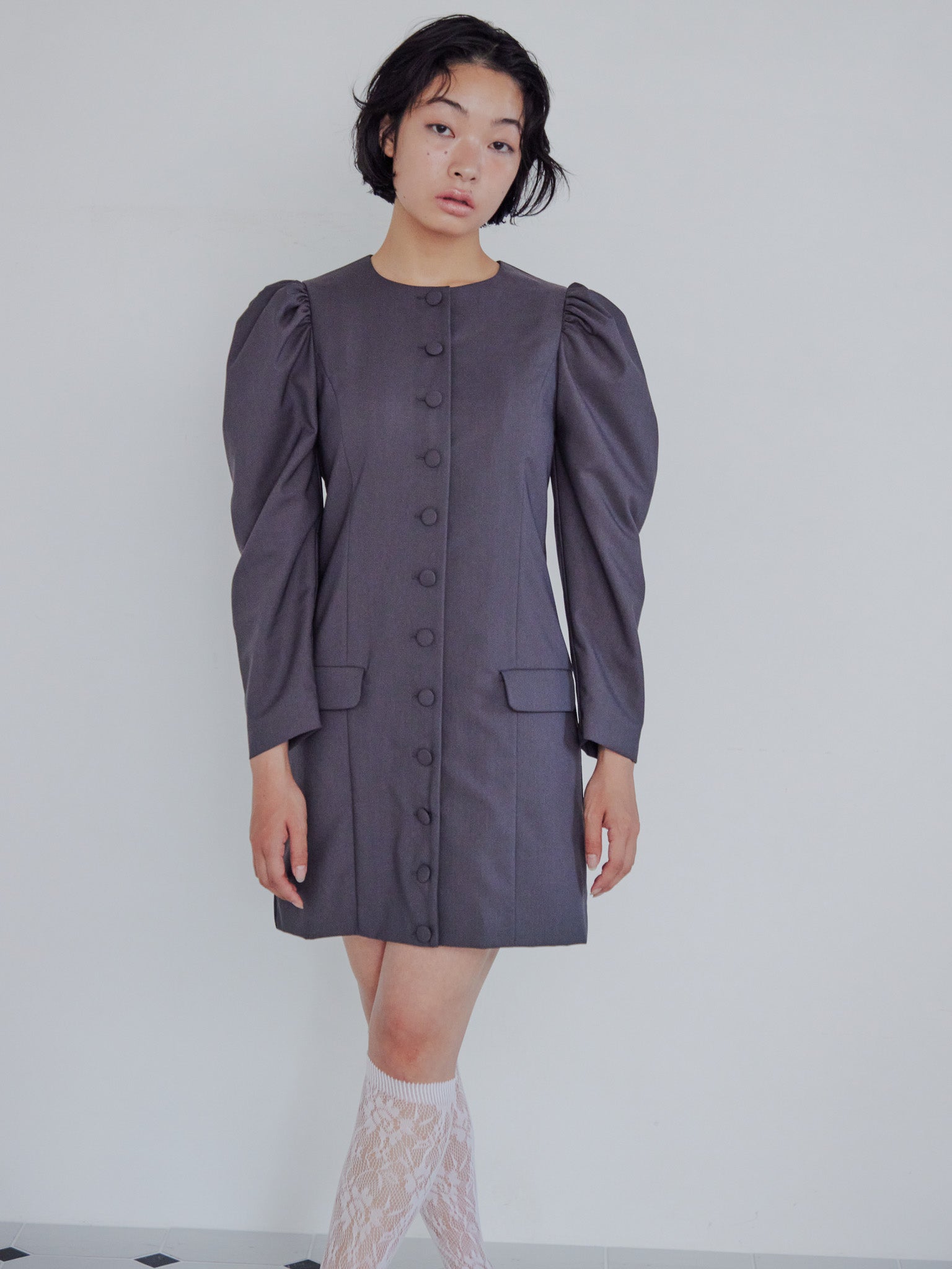 Volume sleeve mini dress グレー size:M model:161cm 富樫かなえ