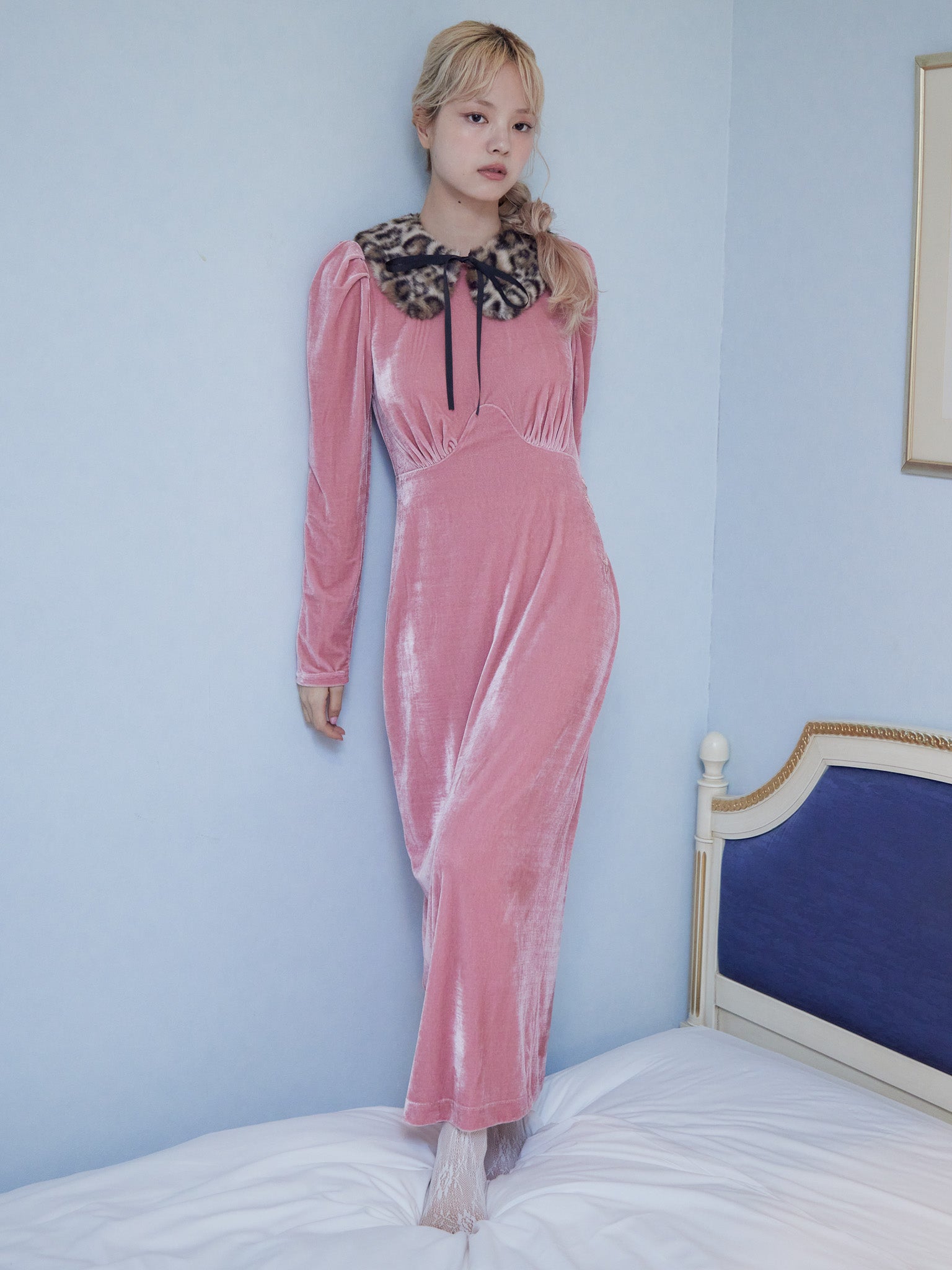 Ribbon embroidered velour dress & tippet ピンク size:M model:163cm MINAMI