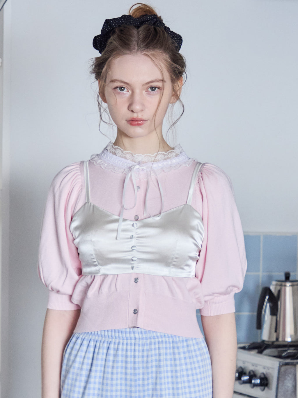 Lace collar puff sleeve cardigan ピンク size:M model:171cm ANIUTA