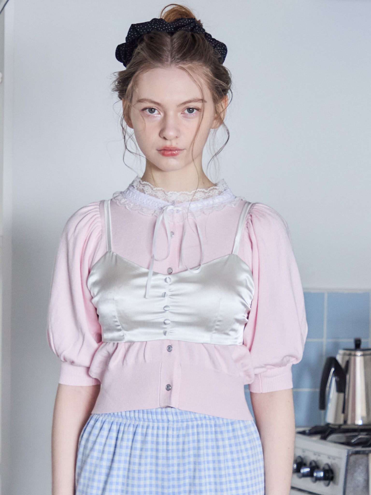 Lace collar puff sleeve cardigan ピンク size:M model:171cm ANIUTA