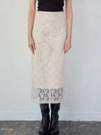 Ribbon embroidered lace tight skirt ピンク