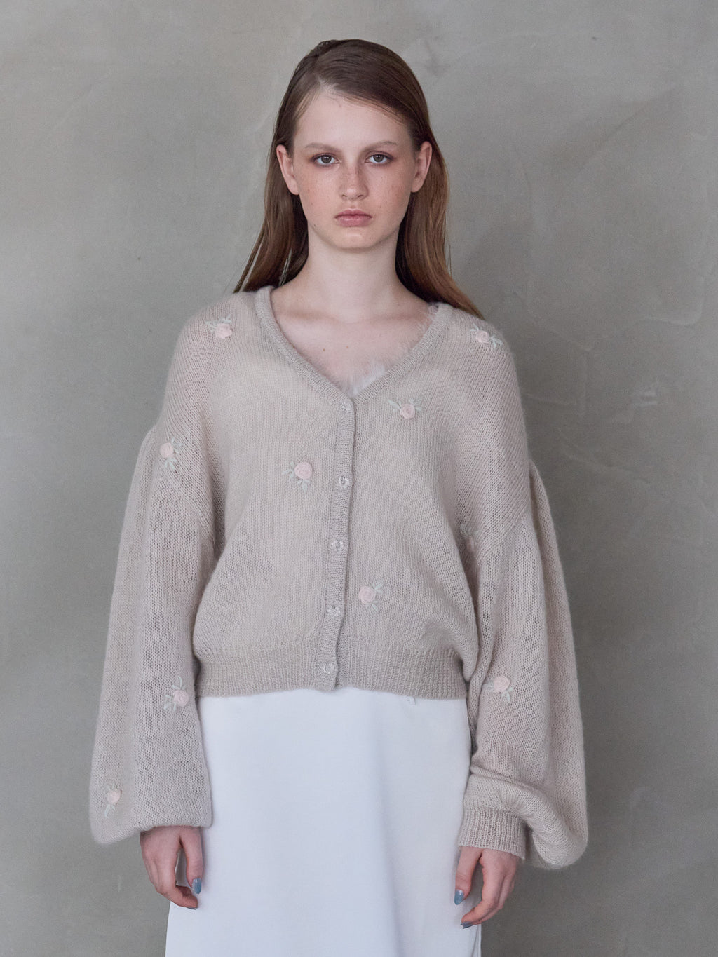 Many rose embroidery cardigan モカ size:M model:173cm ALINA