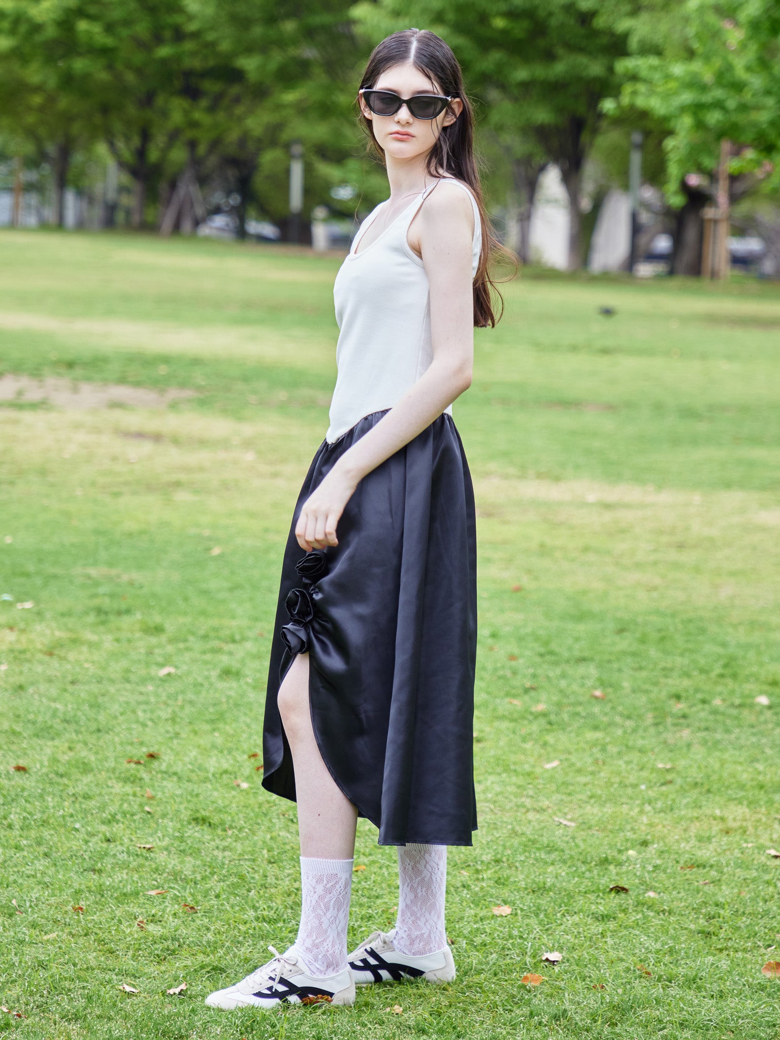 Rose satin docking rib dress ブラック size:M model:170cm ALICE