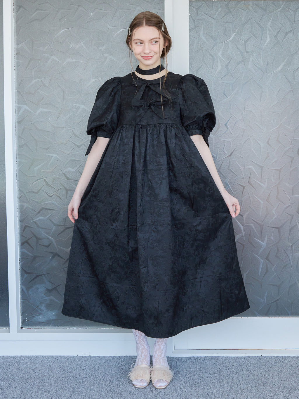 Ribbon jaquard volume dress ブラック size:M model:171cm ANIUTA