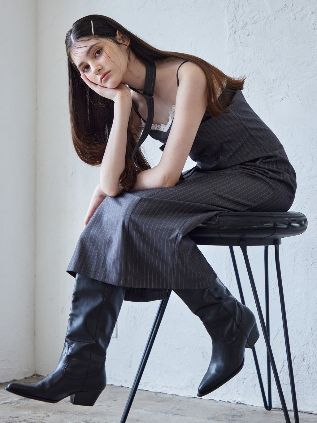 Stripe ribbon tight dress グレー size:M model:170cm ALICE