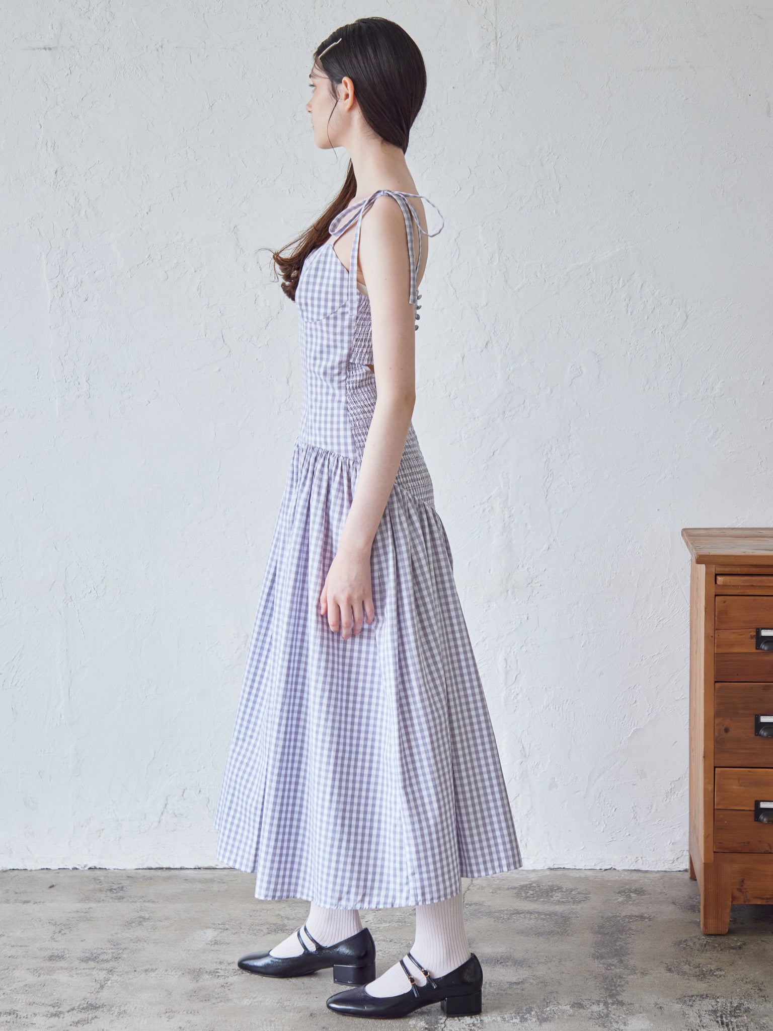 Gingham check back open dress ライトグレー size:M model:170cm ALICE