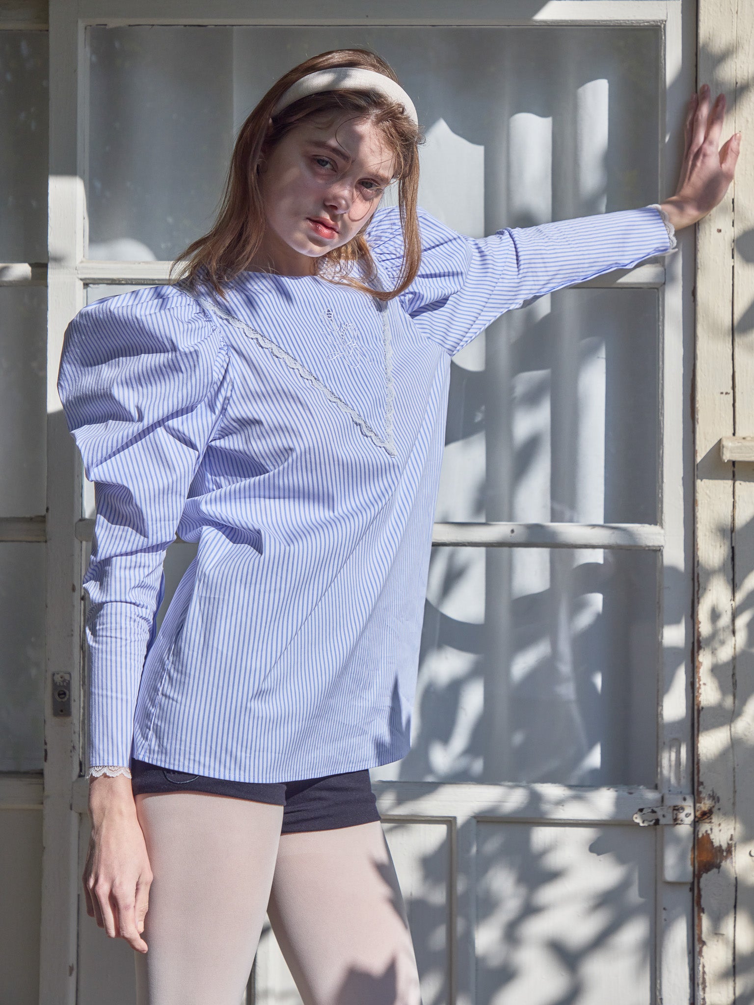 Tulip embroidered volume sleeve blouse ストライプ size:M model:174cm KATERYNA