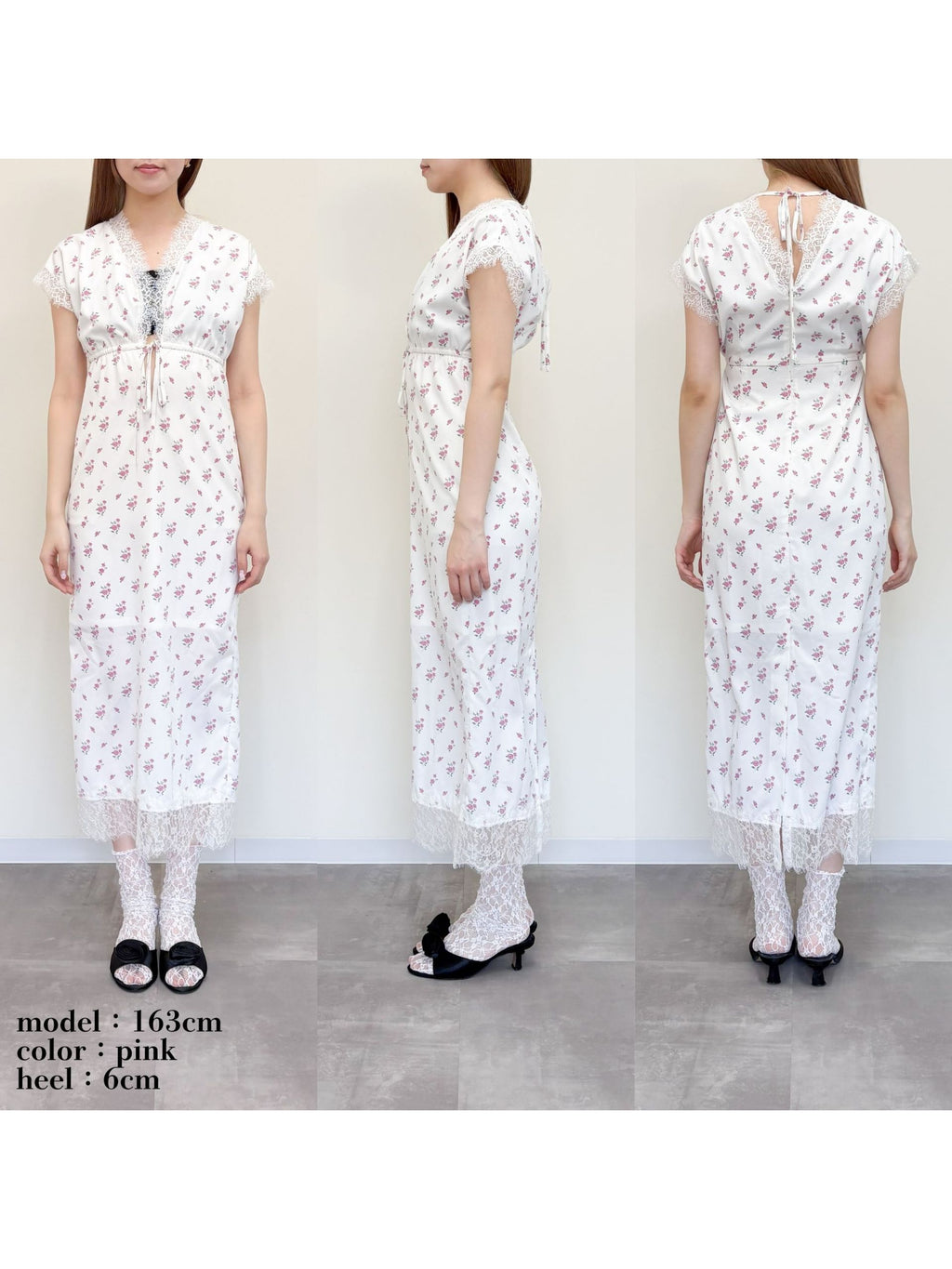 Lace trimming flower dress ピンク