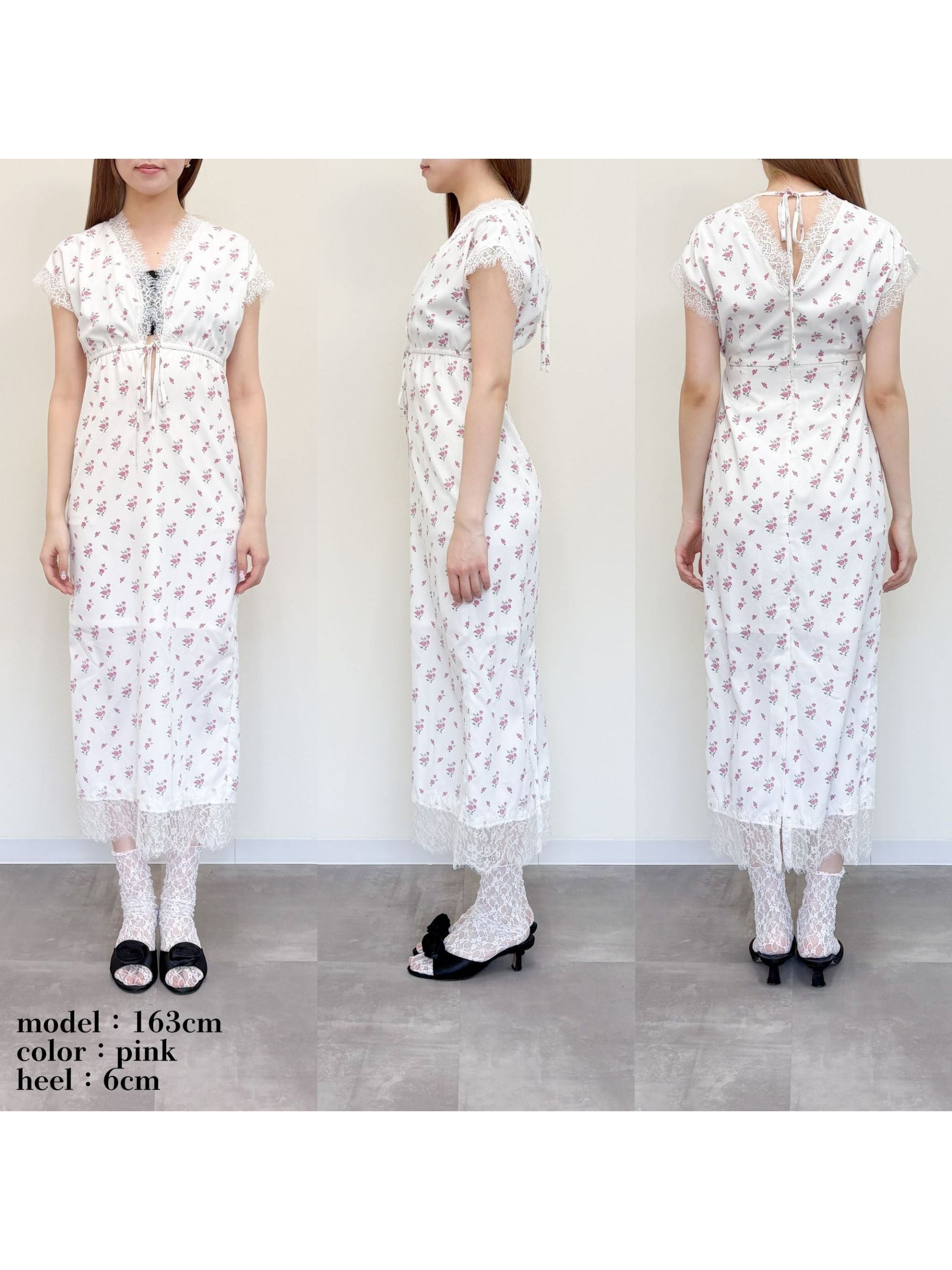 Lace trimming flower dress ピンク