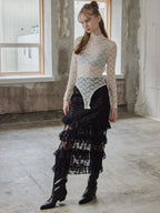 Shiny lace tiered skirt ブラック size:M model:173cm DASHA.G