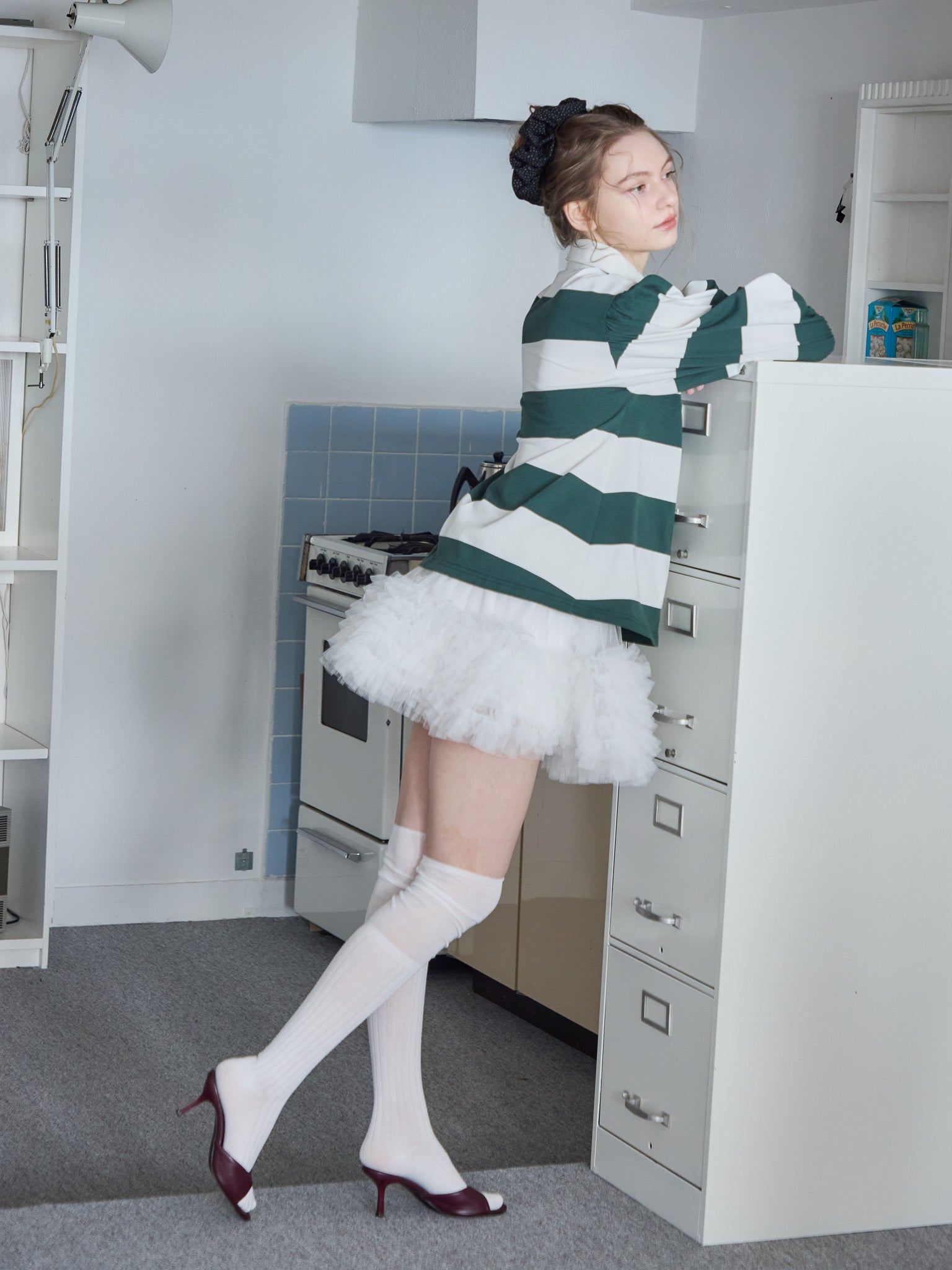 Rugby shirt and frill pants skirt グリーン size:M model:171cm ANIUTA