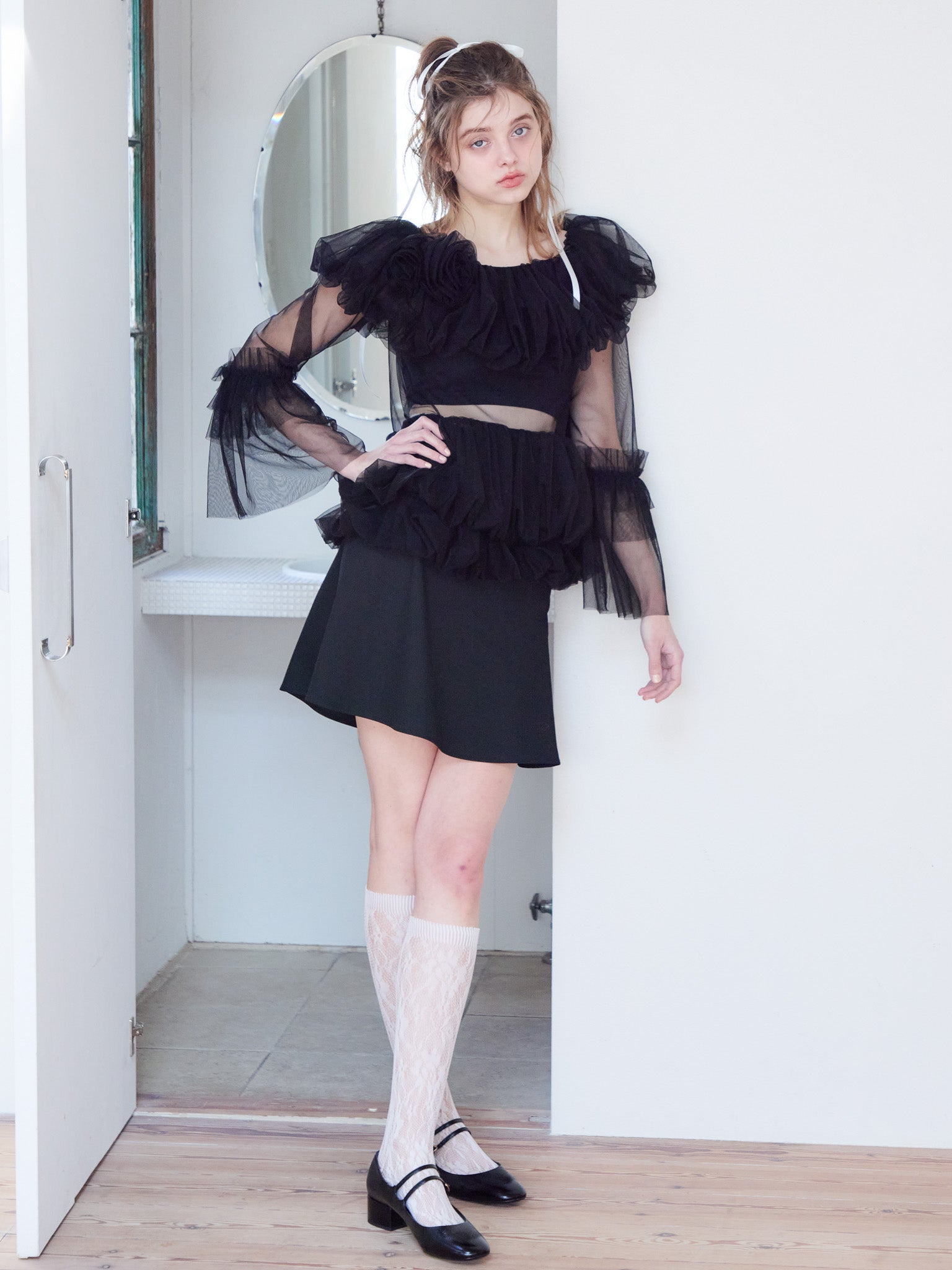 Rose tulle off shoulder blouse ブラック size:M model:174cm KATERYNA