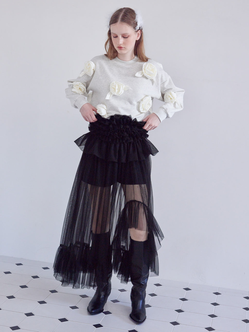 Frill tulle skirt & shorts set ブラック size:M model:173cm ALINA