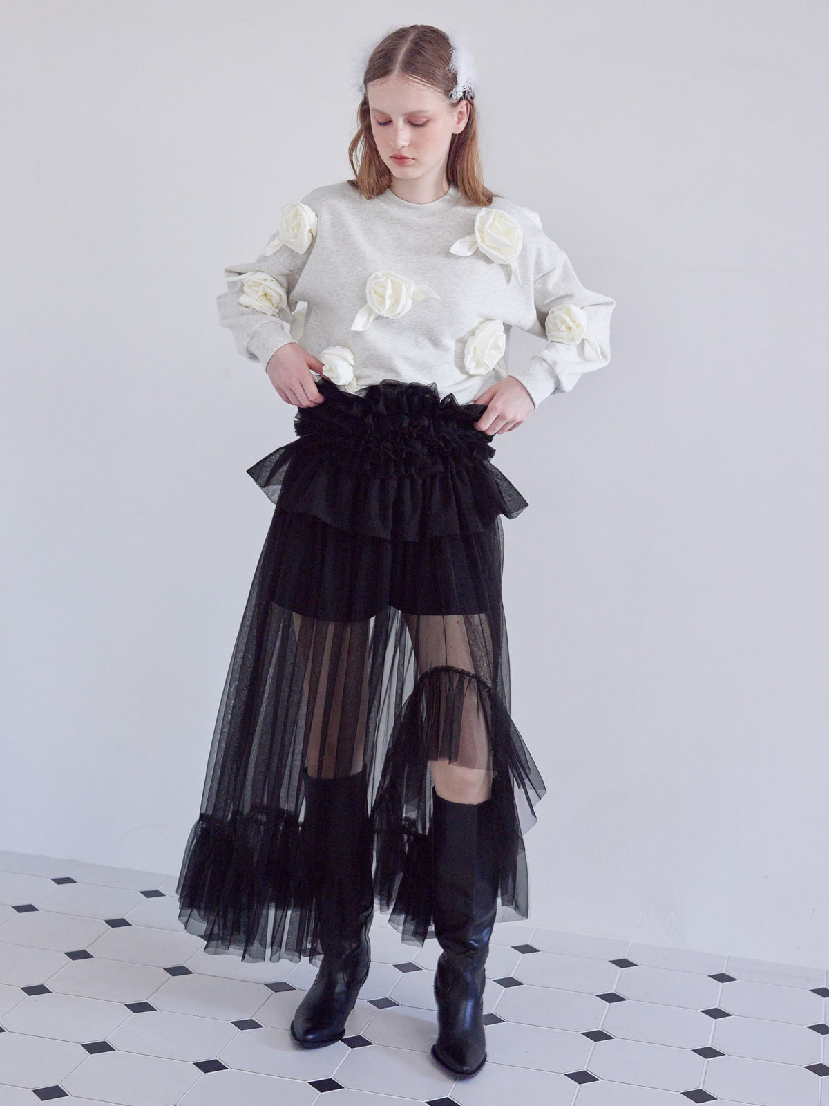 Frill tulle skirt & shorts set ブラック size:M model:173cm ALINA
