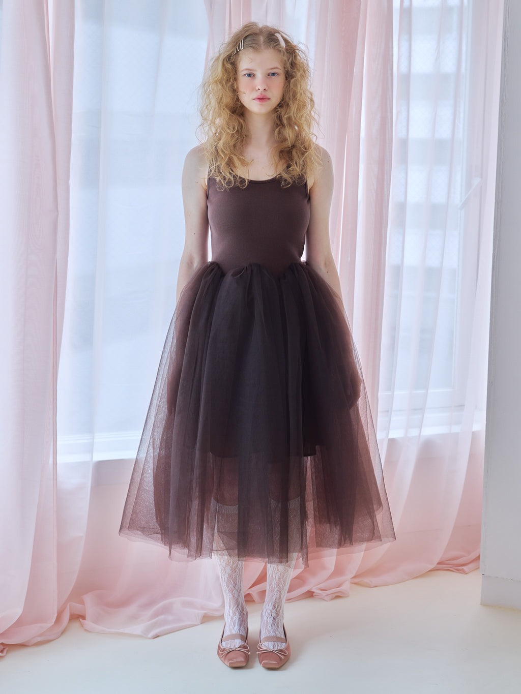 Volume tulle skirt tank dress ブラウン size:M model:173cm Olesia