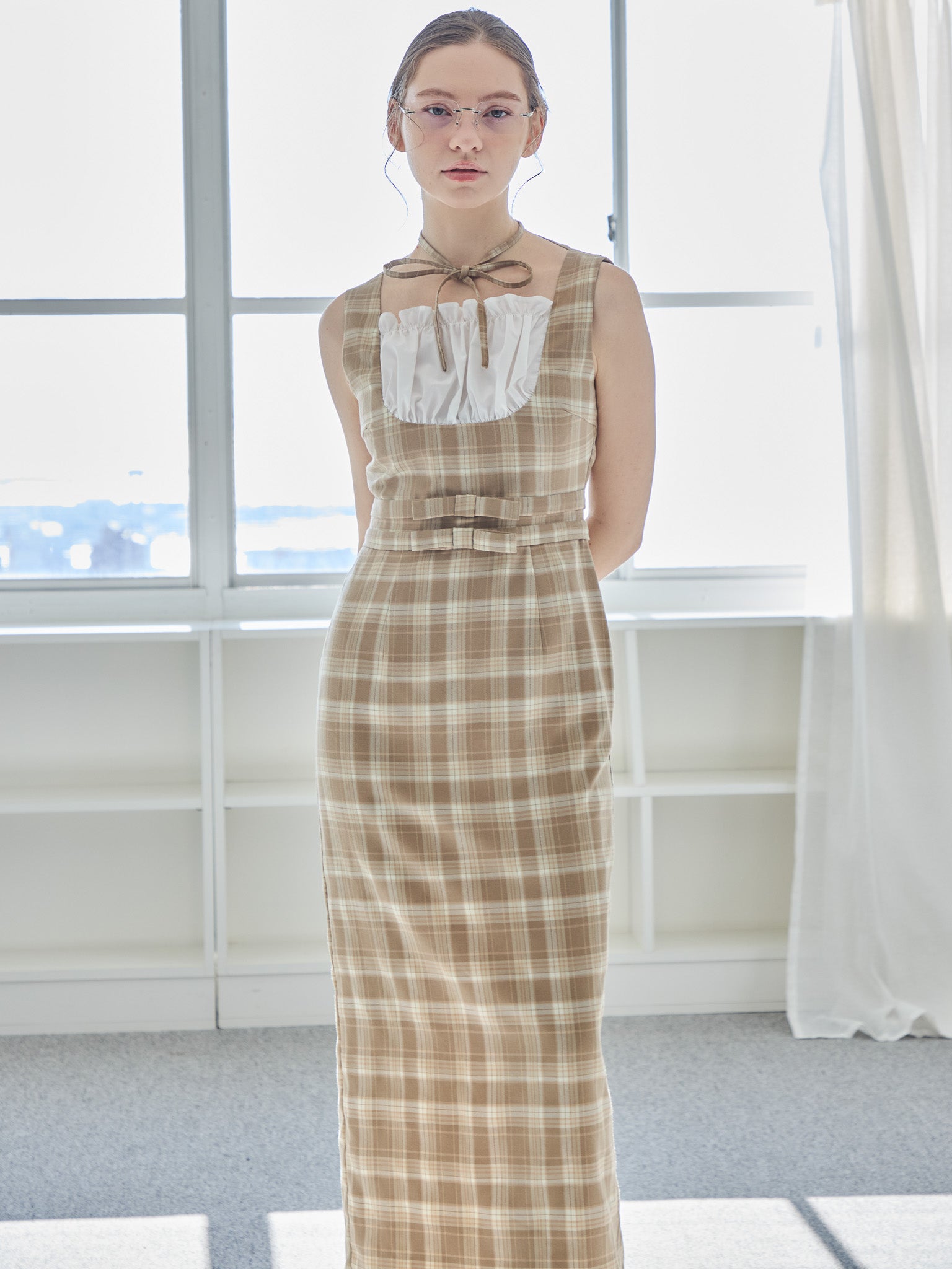 Ribbon waist dress チェック size:M model:171cm ANIUTA