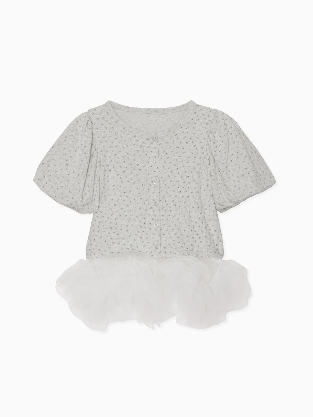 Tulle hem small floral print cardigan グレー