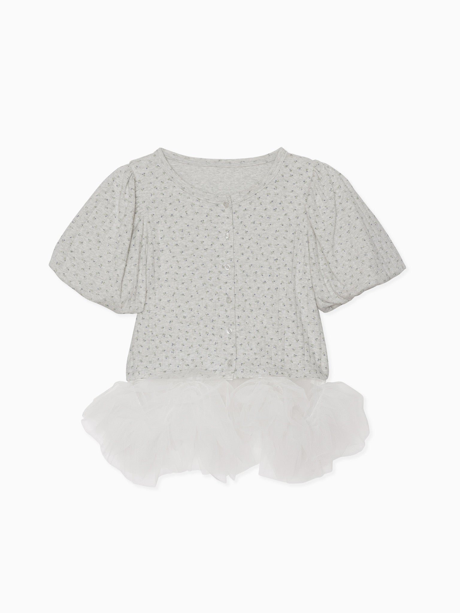 Tulle hem small floral print cardigan グレー