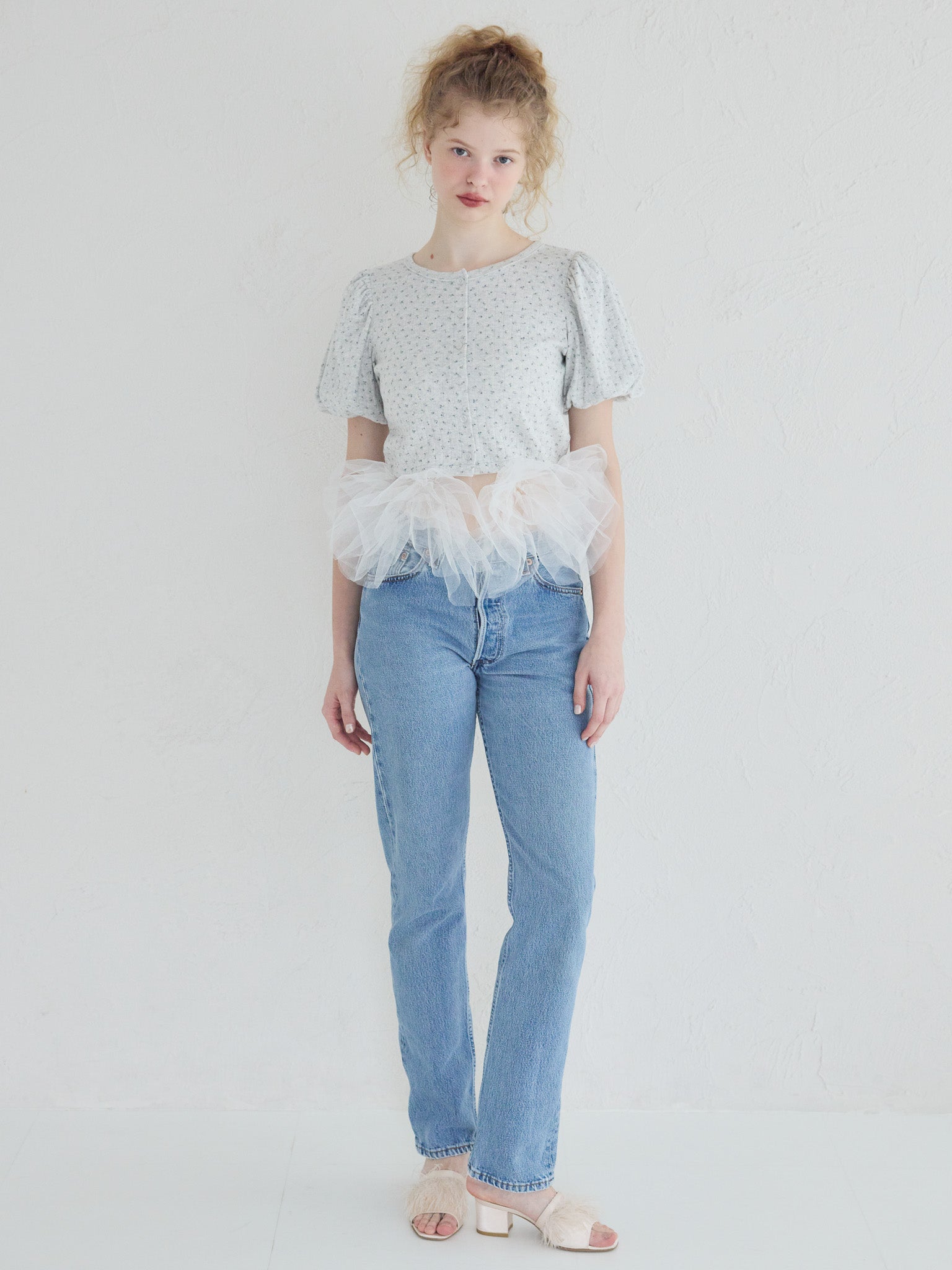 Tulle hem small floral print cardigan グレー size:M model:173cm Olesia