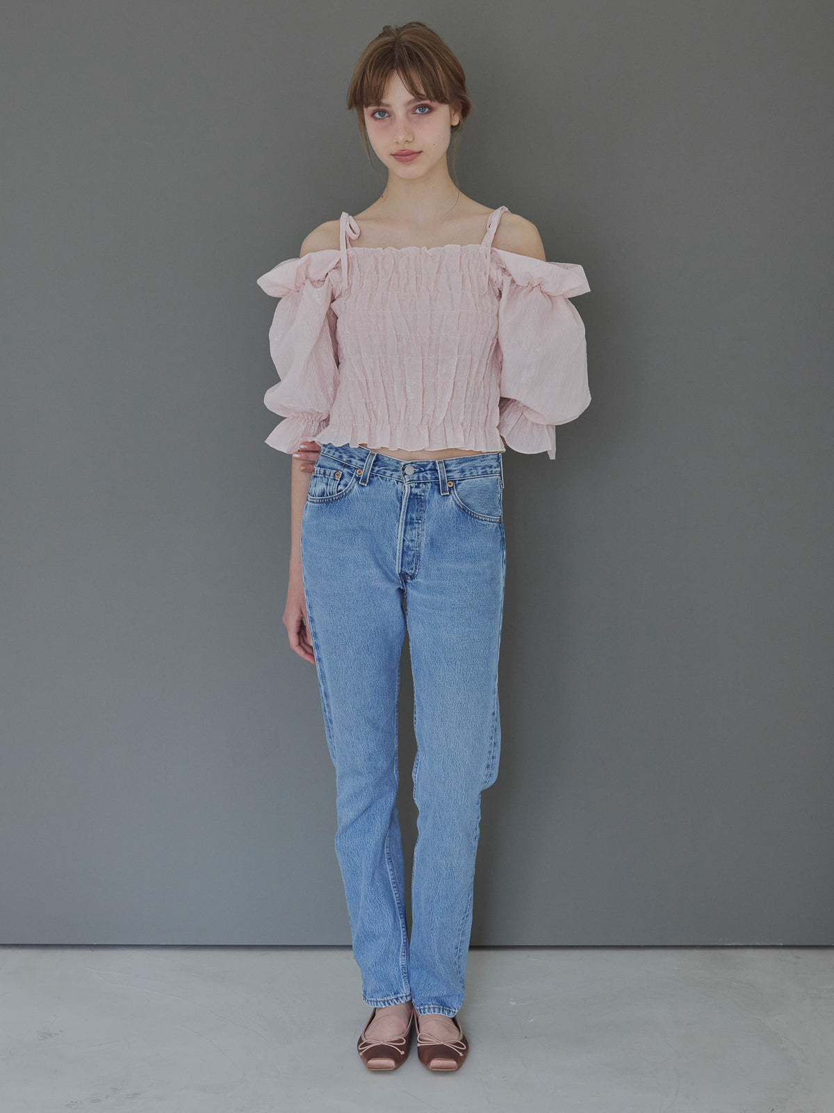 Sheer jacquard off shoulder blouse ピンク size:M model:175cm MARTA