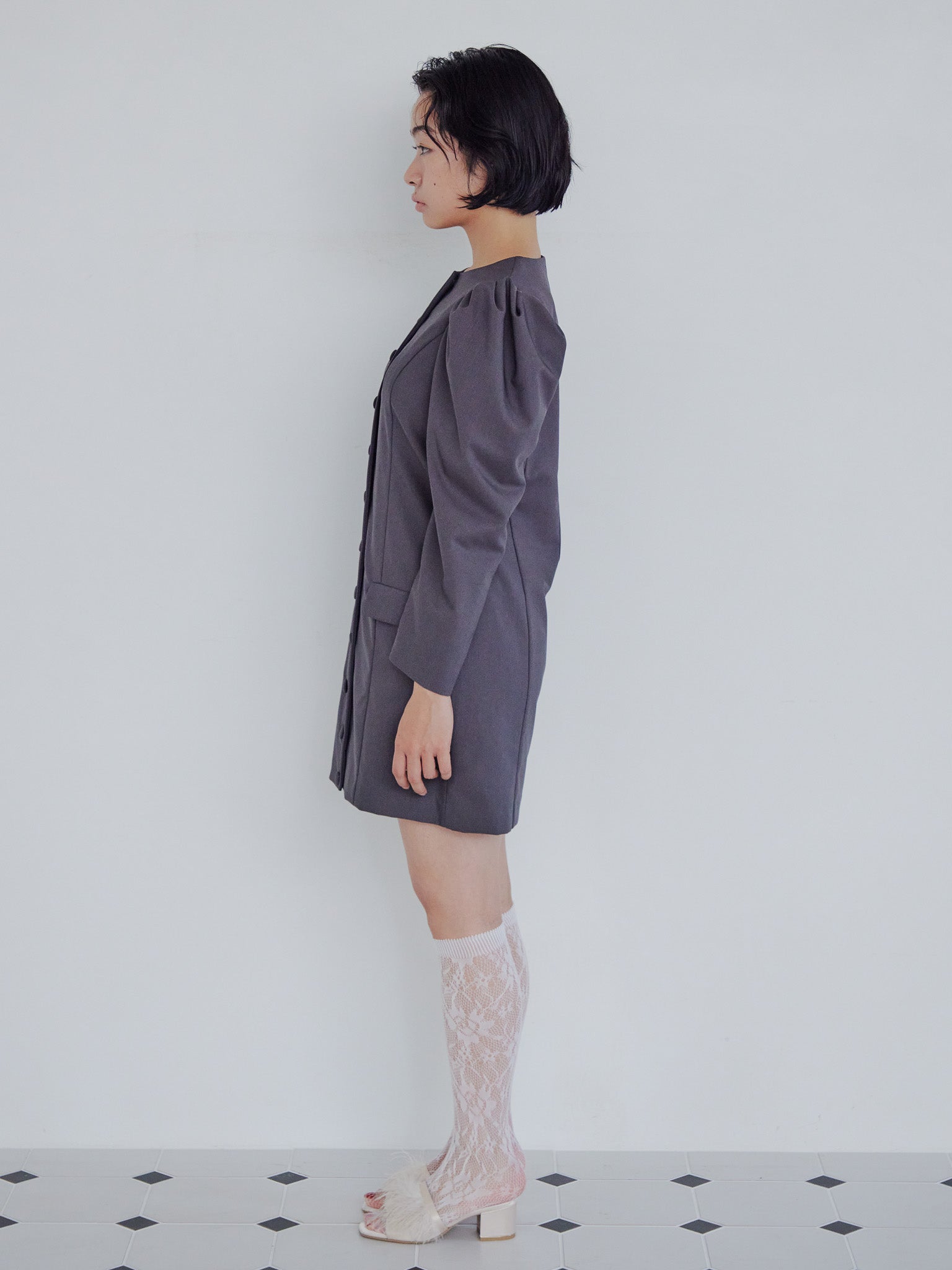 Volume sleeve mini dress グレー size:M model:161cm 富樫かなえ