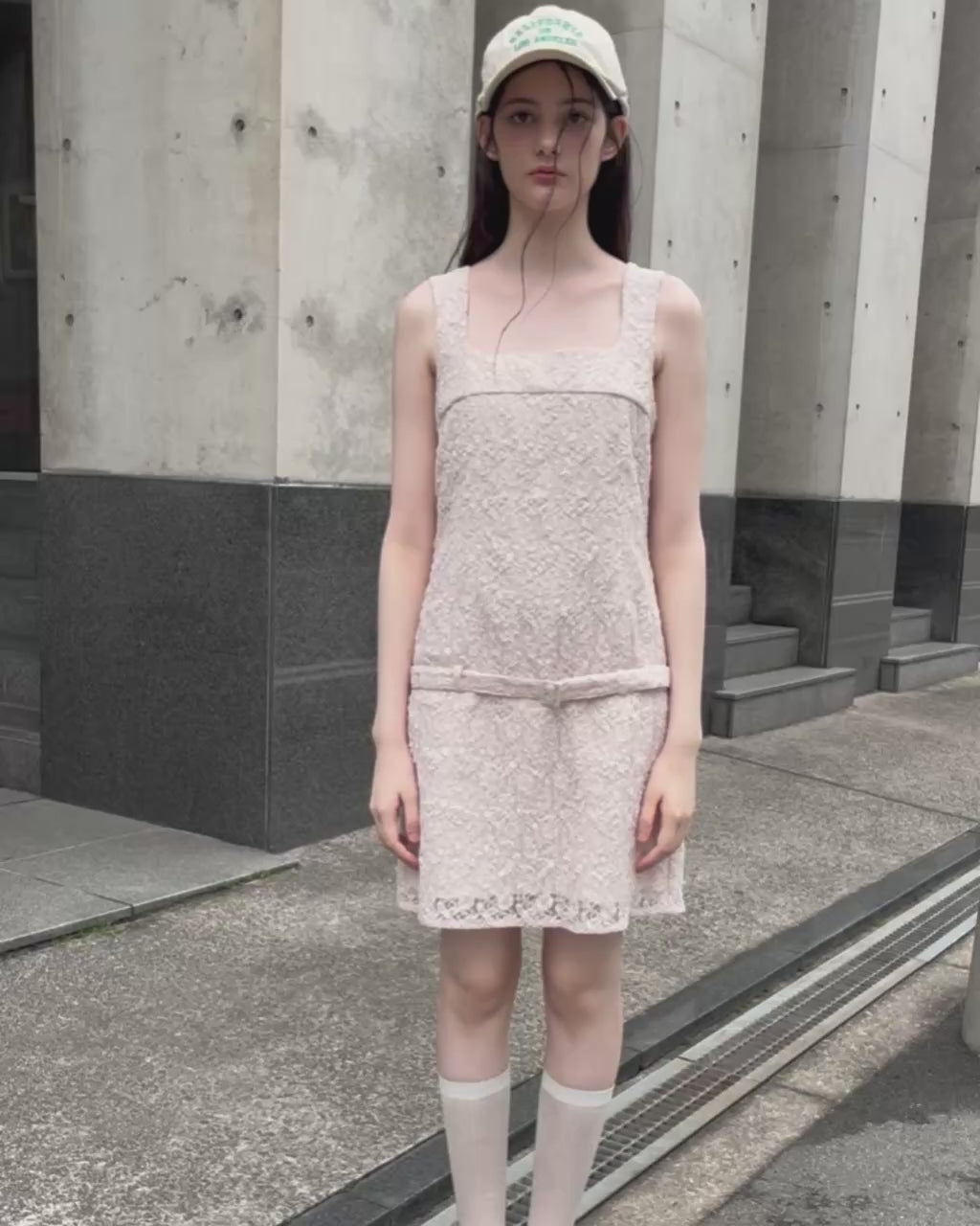 Low belt lace mini dress