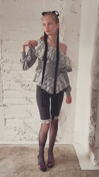 Shiny lace frill knit top