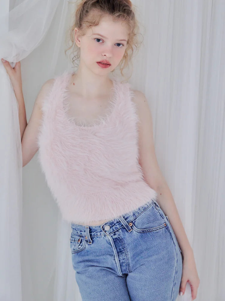 Back open shaggy knit tank top look