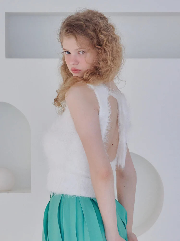 Back open shaggy knit tank top back style