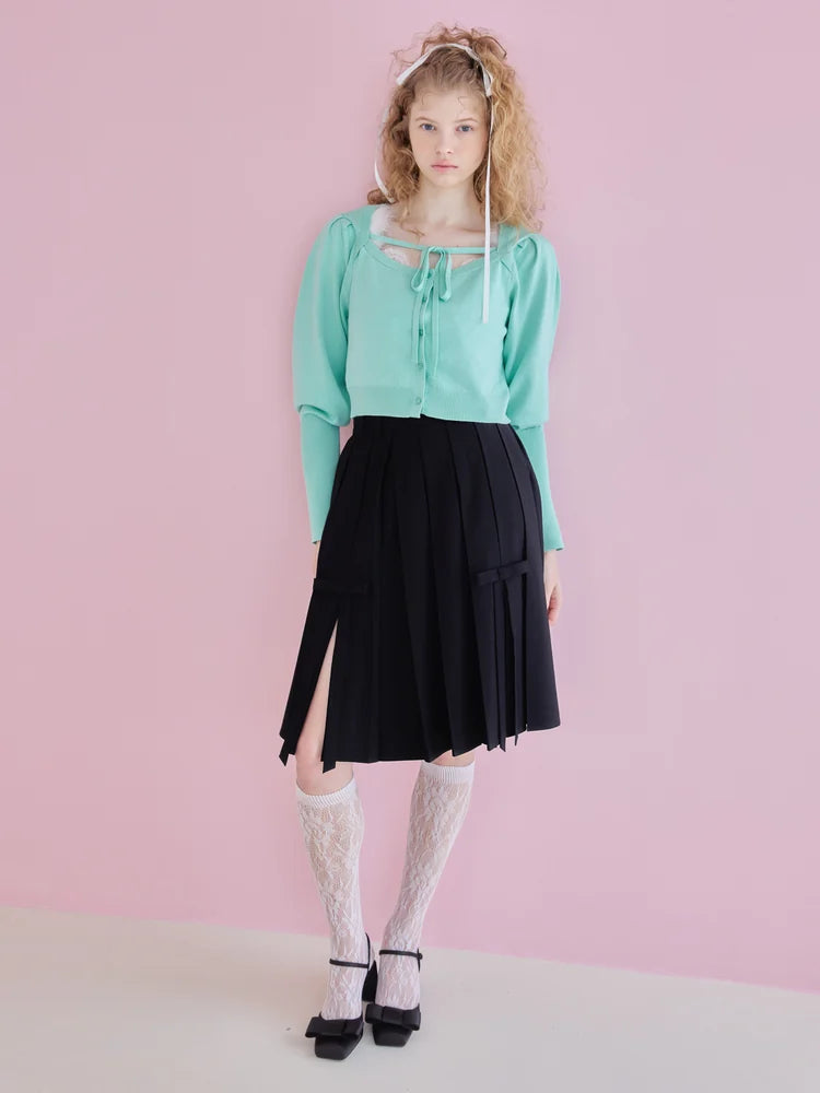 Ribbon slit pleated skirt color style