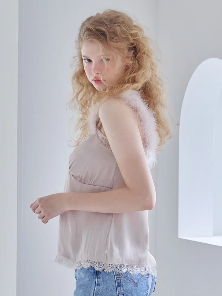 Fur shoulder satin camisole
