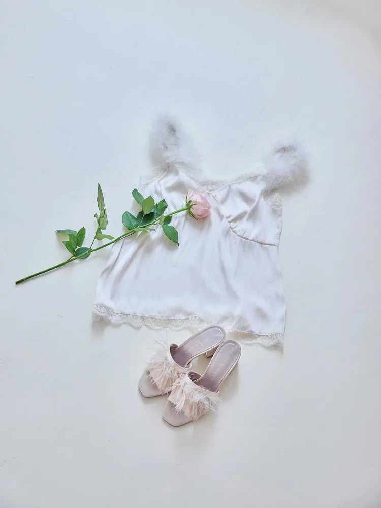 Fur shoulder satin camisole look